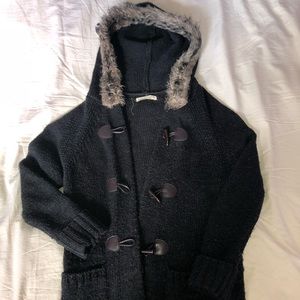 Knitted Sweater with Furry Hood